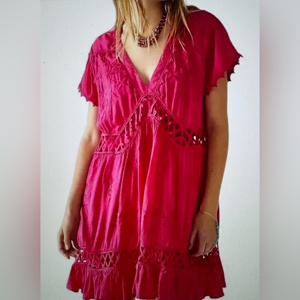 free people MARISSA boho dress. short sleeve. size xs. hot pink. NEW with tags.